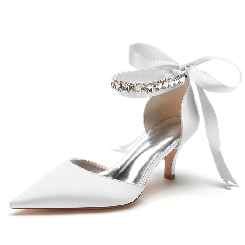 

Satin Rhinestones Kitten Heel Wedding Bridal Shoes Women Pointed Toe Ribbon Mid Heels Pumps for/Cocktail/Prom/Evening