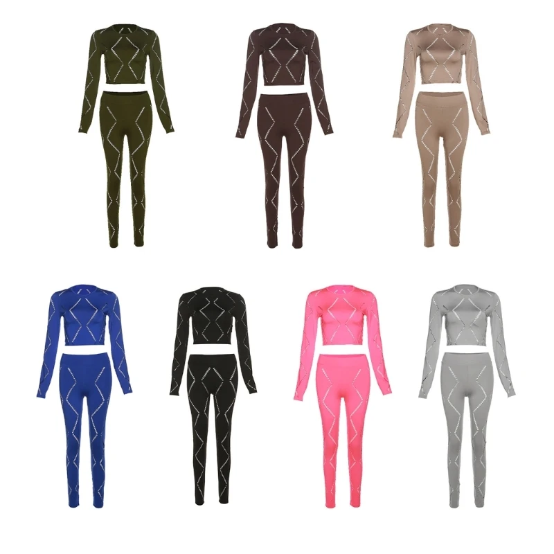 

Spring Sexy Solid Two Piece Outfit Hollow-out Long Sleeve Crop Top Bodycon Pants