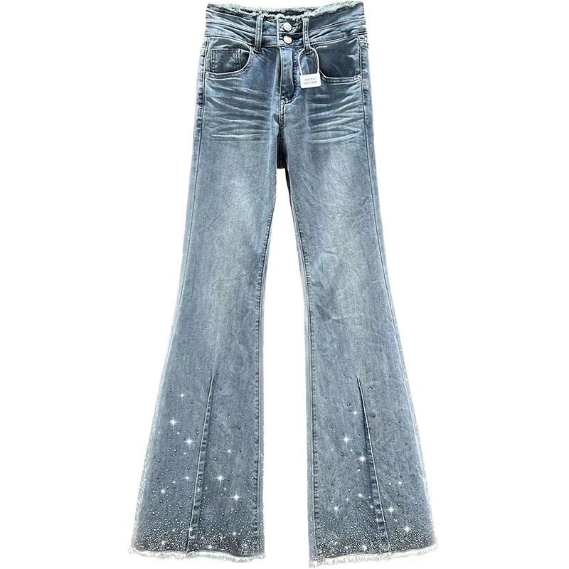 Rhinestone Denim Bell-Bottom Pants Women's Trendy 2023 New Spring Summer Stretchy High Waist Slimming Mop Pants Blue Jeans