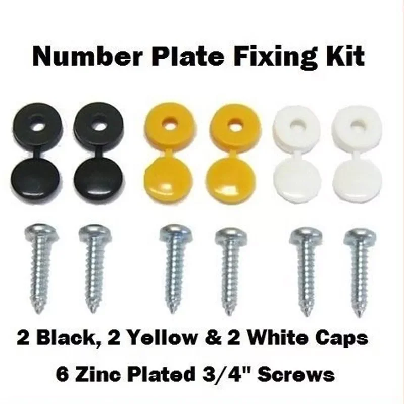 

New High Quality 6Pcs Car Number Plate Fixing Fitting Kit Screws And Caps Convenient Durable Black White Yellow Caps#294009