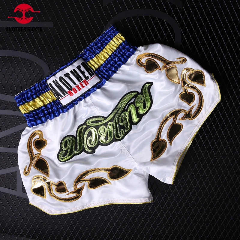 

Muay Thai Shorts White Shorts for Kickboxing Embroidery Patch Satin Boxing Training Pants Man Woman Kids Gym Combat MMA Clothing