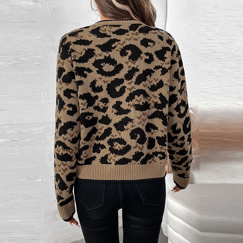 Fall Winter Casual Long Sleeve Cardigans Tops Vintage Women's Loose Commuting Jumper New Leopard Printed Lace Up Knitted Sweater |