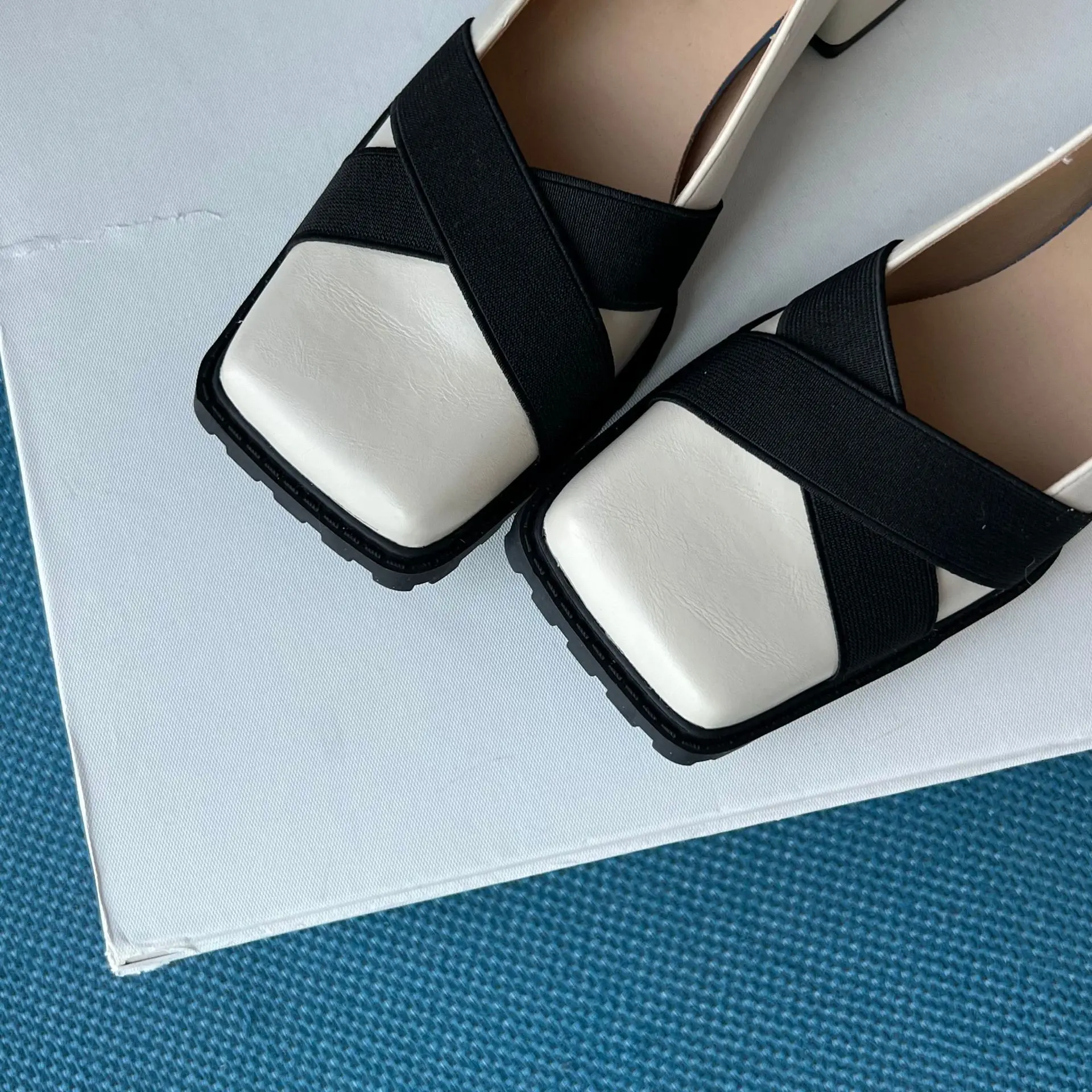 FAFA 2023 New Bowknot Shallow Mouth Thick Heel Single Shoes Women's Commuting Square Toe Elastic Belt Low Heel Shoes Women Shoes