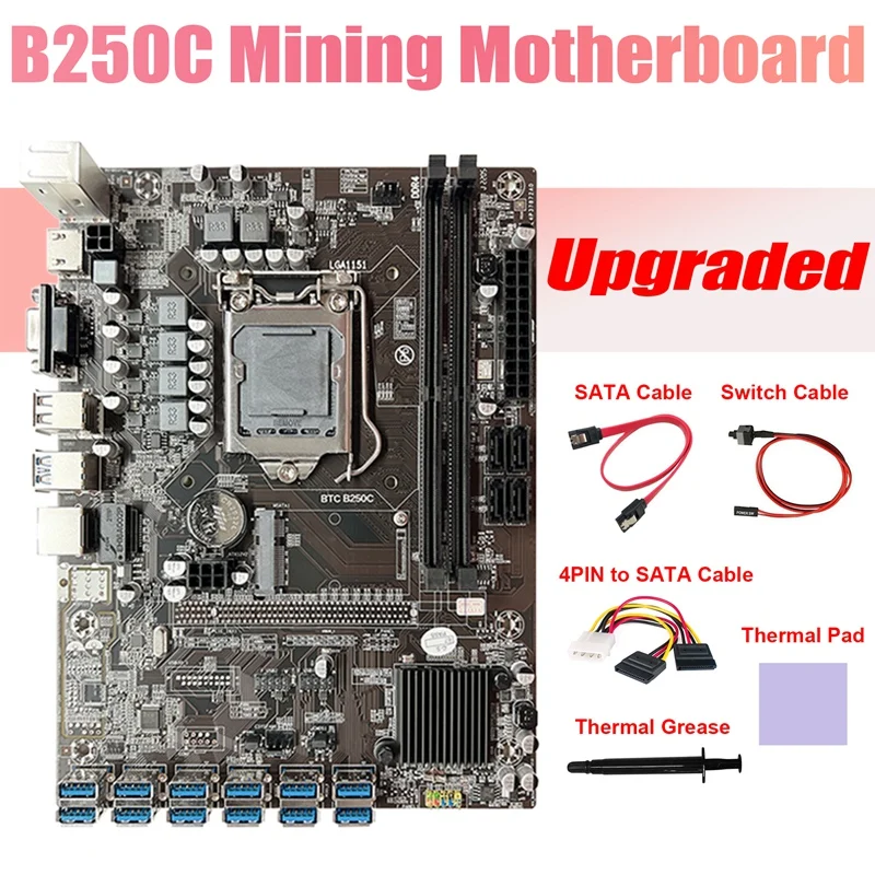 B250C BTC Miner Motherboard+4PIN To SATA Cable+Switch Cable+SATA Cable+Thermal Grease+Thermal Pad 12 USB3.0 For ETH