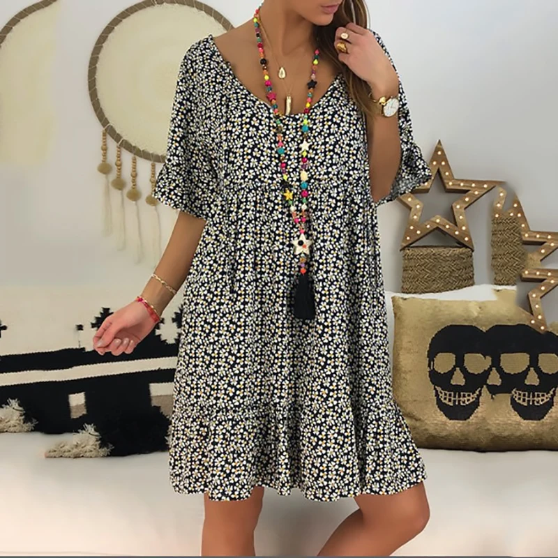 Женское мини-платье с цветочным принтом плиссированное платье средней длины