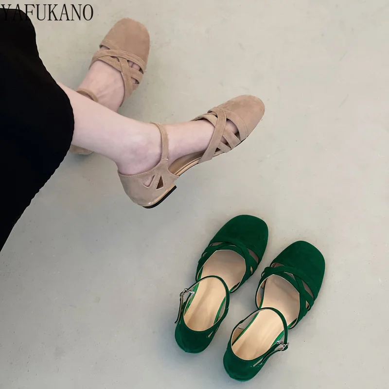 

Retro Square Toe Suede Sandals Womens Gentle Fairy Style Party Dress Shoes Mid Hollow Single Shoes Chunky Heel Ankle Strap Pumps