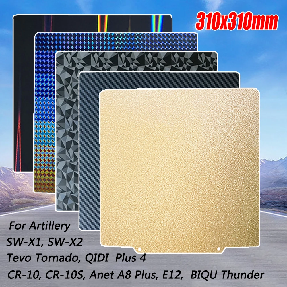 Фото Пластина PEI для 3D-принтеров Artillery Sidewinder X2 X1, Creality CR10, Anet A8 E12, QIDI Plus4, пружинный стальной лист для 3D-принтеров №1