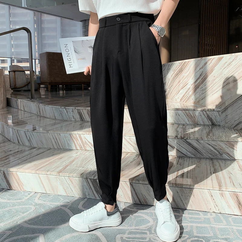 

Korean Elastic Khaki Pants Spring Fashion Tapered Men White Man Pants Waist Bottom Trousers Summer Style Slit New Casual Black