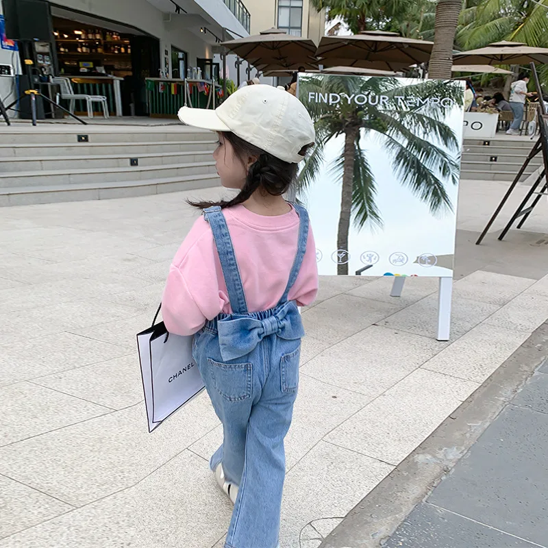 

2023 Spring New Children Clothing Fashionable Kids Clothes Girls Bow Denim Suspenders Baby Korean Style Pants Casual Trousers