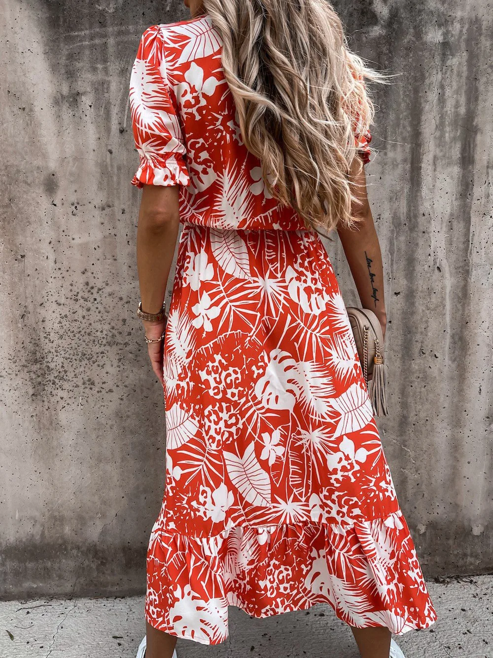 Women Floral Print Puff Sleeve Dresses 