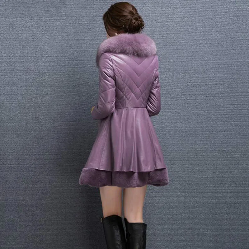 PU Leather Jacket High Quality Faux Fox Fur Collar Sheepskin Leather Jacket Women Skirt Coat White Down Women Jacket Winter