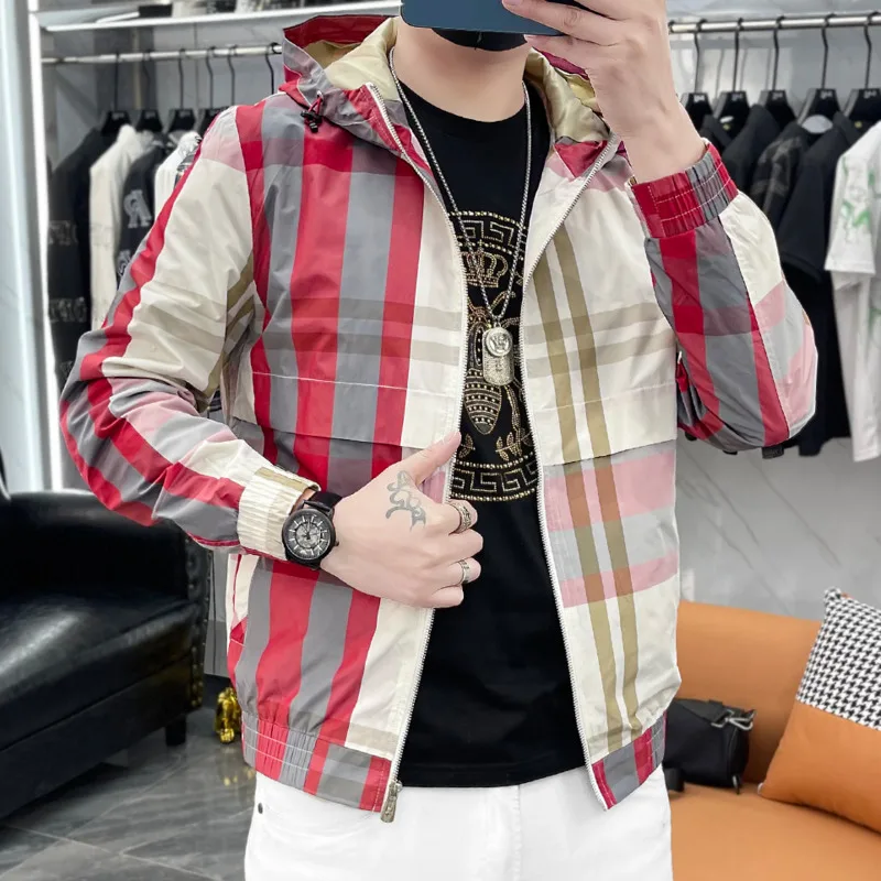 

Top Quality Men Casual Hooded Jacket Red Blue Lattice Pattern Trendy Long Sleeve Slim Top Bomber Jacket Men Jaqueta Masculina