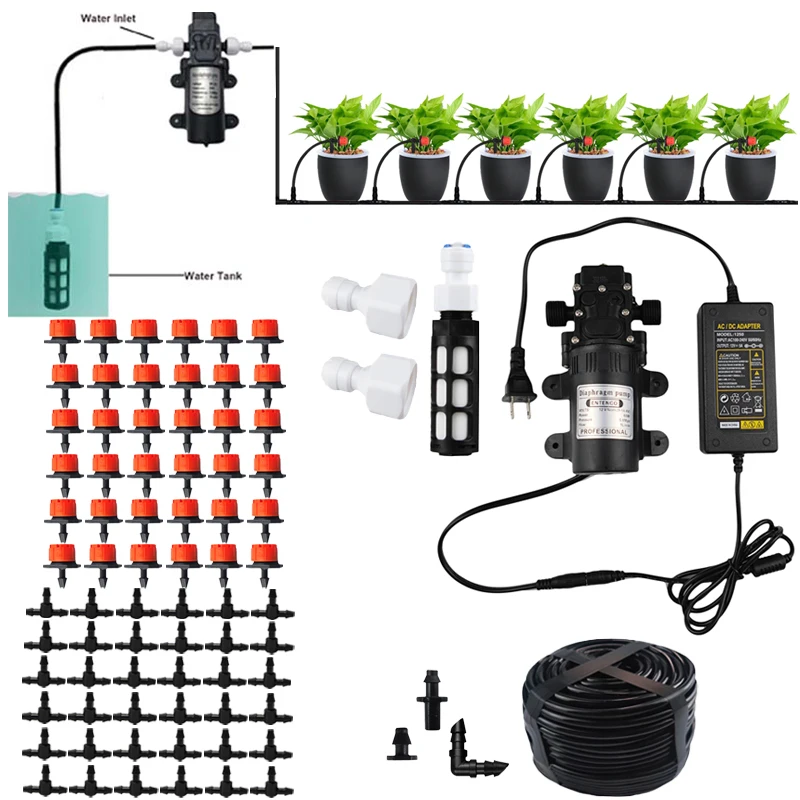 DIY 12V Self Priming Pump Red Drip Irrigation Kit Garden Watering For Greenhouse Lawn Hanging Baskets