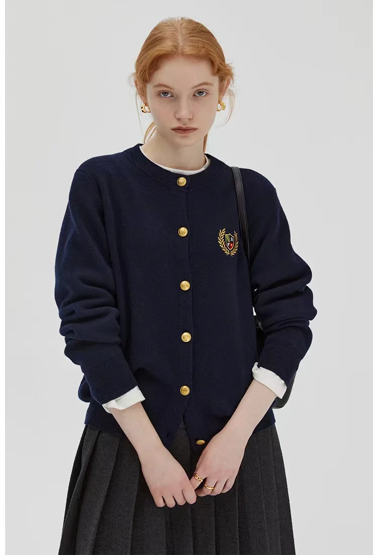 Женский кашемировый кардиган с круглым вырезом и длинными рукавами