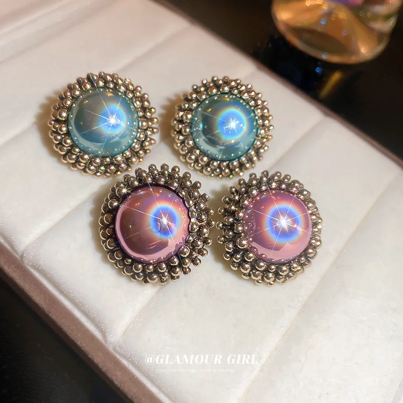 

2.5CM New Fashion Pink/Blue Retro Metal Stud Earrings Minimalist Round Coin Earrings For Women Party Weddings Jewelry