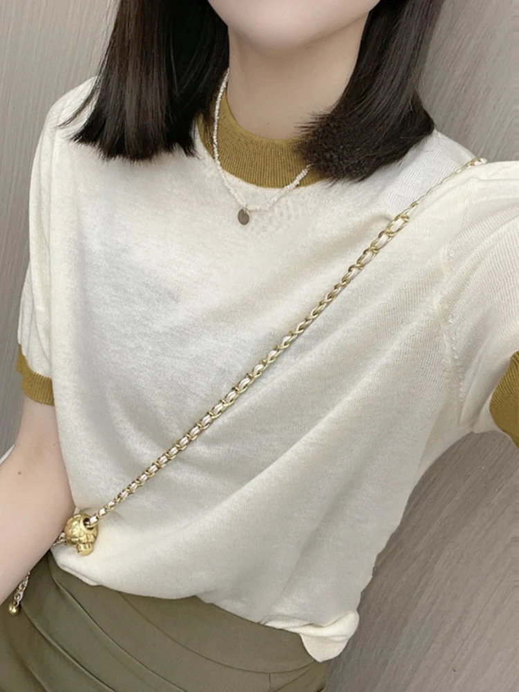 

Small ice silk fresh 2023 summer new style simple fashion color round neck sleeve short sleeve women's T-shirt design
