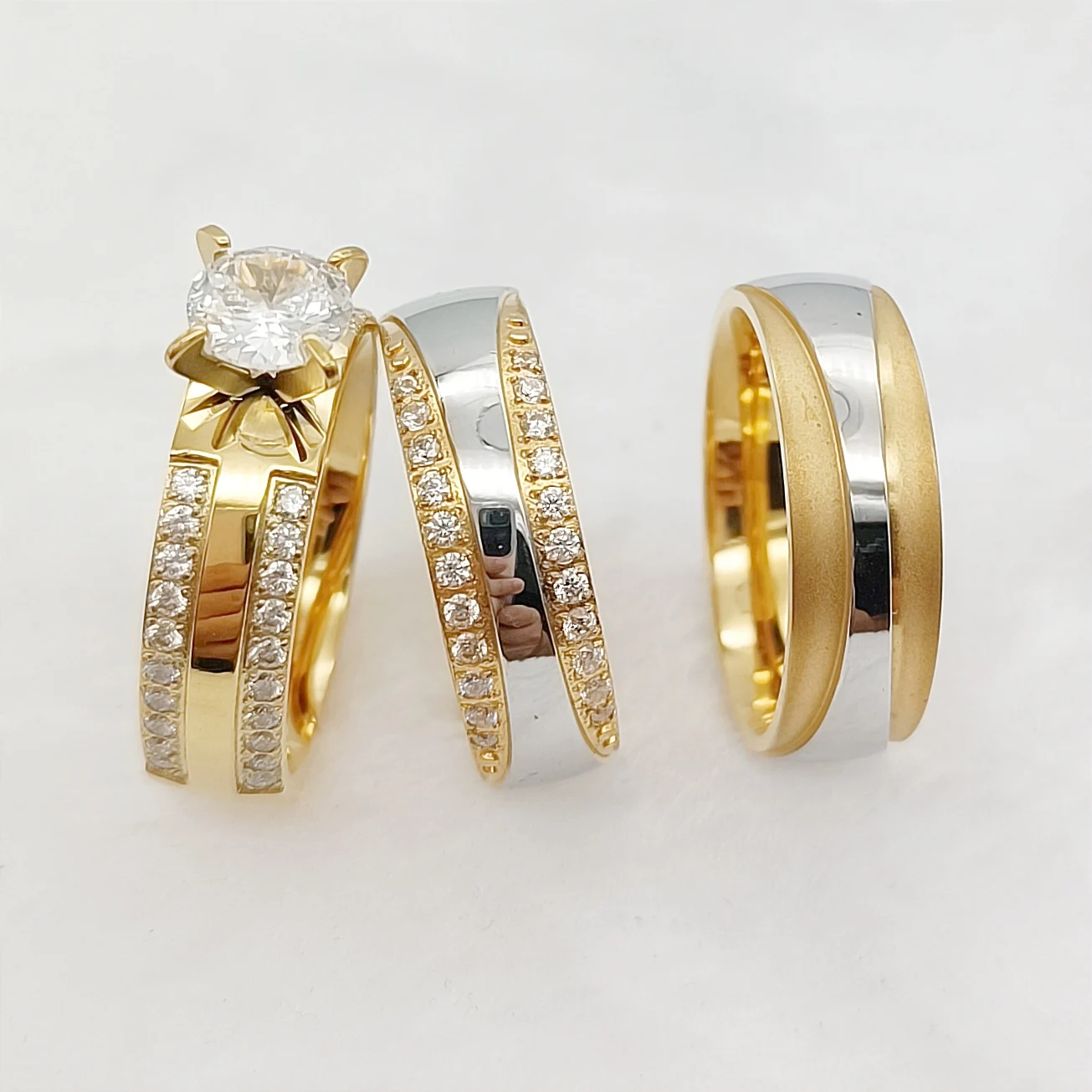 

Fine Craftsmanship 3pcs Promise Wedding Engagement Rings Sets For Men and Women Cubic Zirconia 18k Gold Plated Jewery