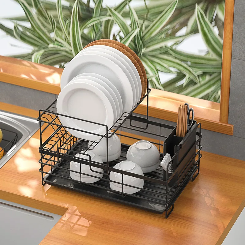 Countertop Double-layer Dish Rack with Water Plate Household Kitchen Tableware Spoon Knife Storage Kitchen Supplies Drain Rack