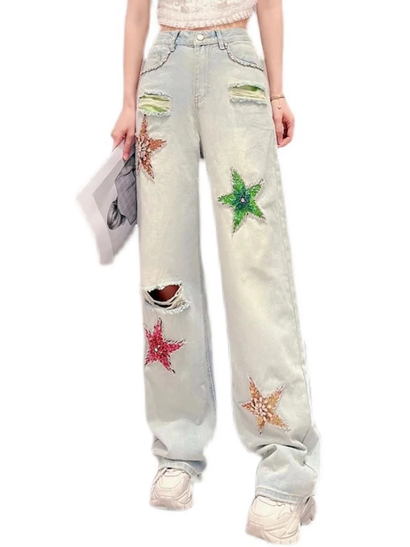 

Heavy Industry Denim Pants Colorful Crystals Ripped Jeans For Women 2023 Summer Loose Slimming Wide Leg Straight-Leg Trousers