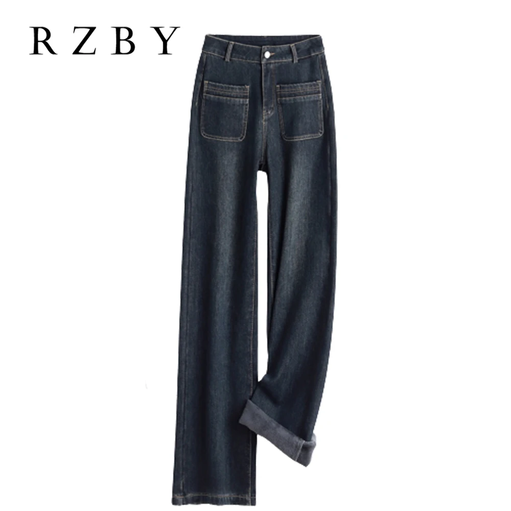 

RZBY Winter Denim Pants For Women Classic High Waist Pantalones De Mujer Thicken 여성바지 Keep Warm Pockets Streetwear RZBY2592