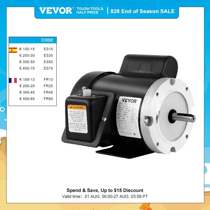 VEVOR 1Phase 2 4 Pole Asynchronous Electric Servo Motor 0.75 1.5 2HP TEFC 115 230V 1800 3600 RPM 60Hz Keyed Shaft Air Compressor