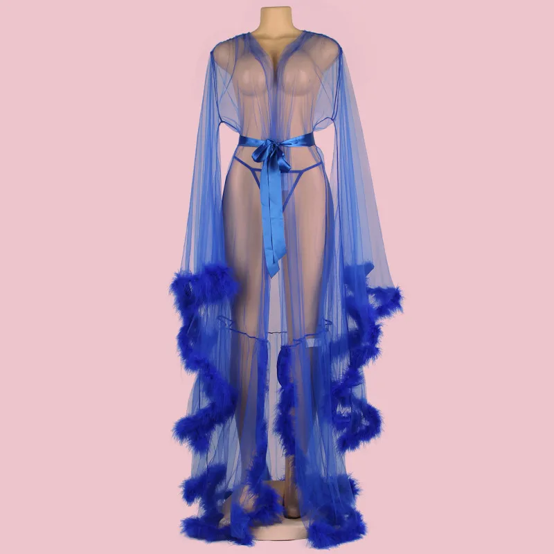 Robes Women Pajamas Set Multi-color Plus Size Transparent Satin Bathrobe V Neck Feather Sexy Lingerie Dress With Long Sleeves