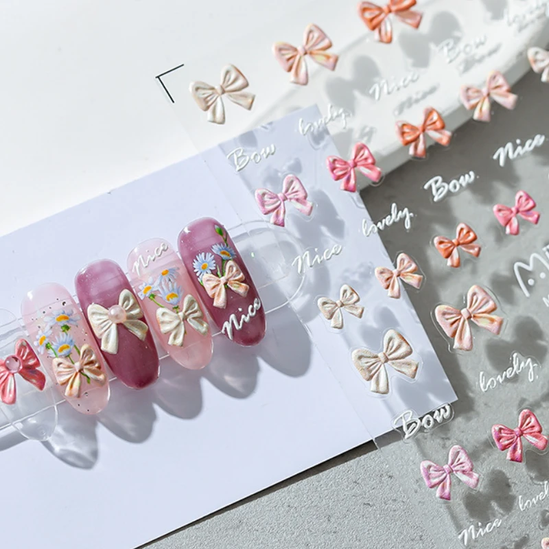 

5D Розовый белый бант, мягкие рельефные клейкие наклейки для ногтей, красивые Изящные 3D наклейки для ногтей, оптовая продажа, Прямая поставка