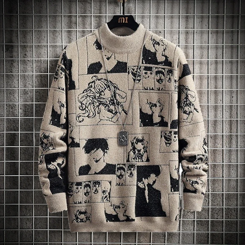 

Anime Sweater Men Winter Sweaters Long Sleeve overs Anime Clothes Men Streetwear Cartoon Pattern Mock Neck Sweater Japan