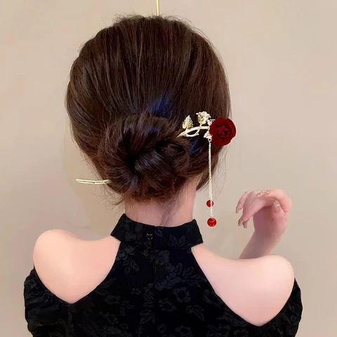 Женские шпильки для волос в китайском стиле, шпильки для волос изогнутой формы с искусственным жемчугом и кисточкой, аксессуары для волос
