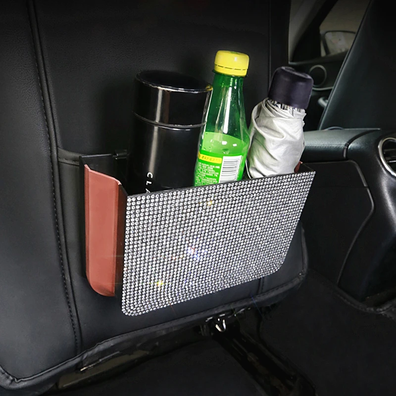 

Luxury Rhinestone Car Backseat Storage Bag Box Seat Back Organizer Crystal Diamond Multipurpose Hanging Pocket Stowing Trash Bin