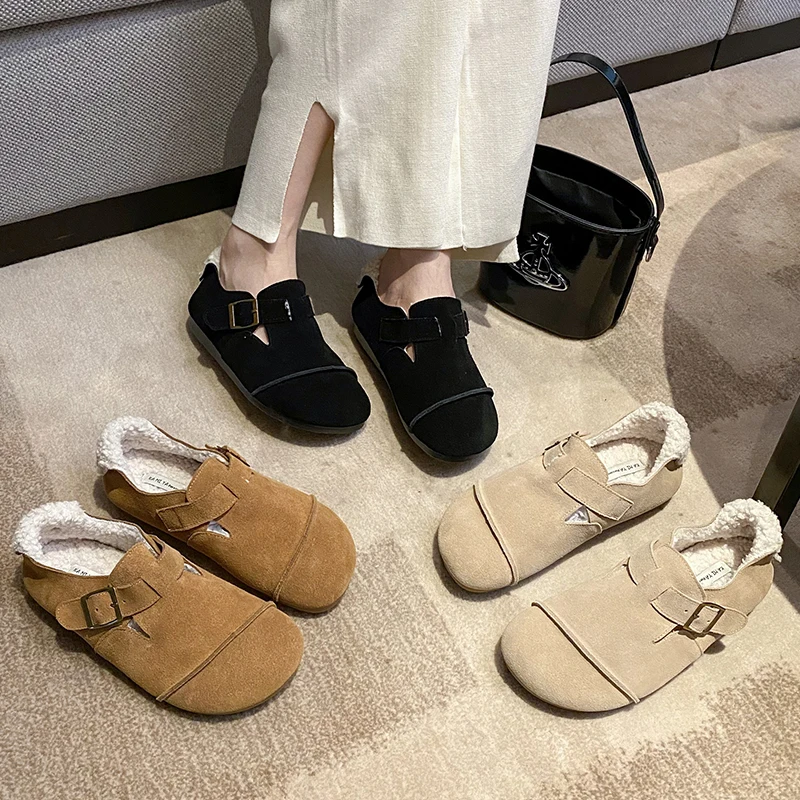 

Loafers Short Plush Warm Flats Autumn Winter 2022 New Fashion Buckle Strap Ladies Women Fur Female Rubber Shoes Outdoor Indoor