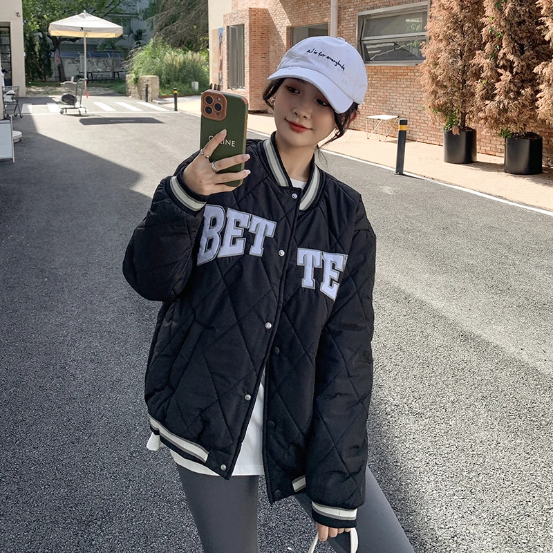 Women Letter Print Cotton Parkas 2022 Winter Fashion  Baseball Coats White Black Casual Argyle Outerwear Y2K Patchwork Jacket