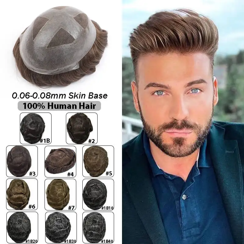 Мужской парик Toupee 0 06-0 08 мм из тонкой кожи с французским кружевом мужской протез