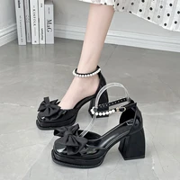spring and summer new fairy bow temperament thick high heeled sandals hair style