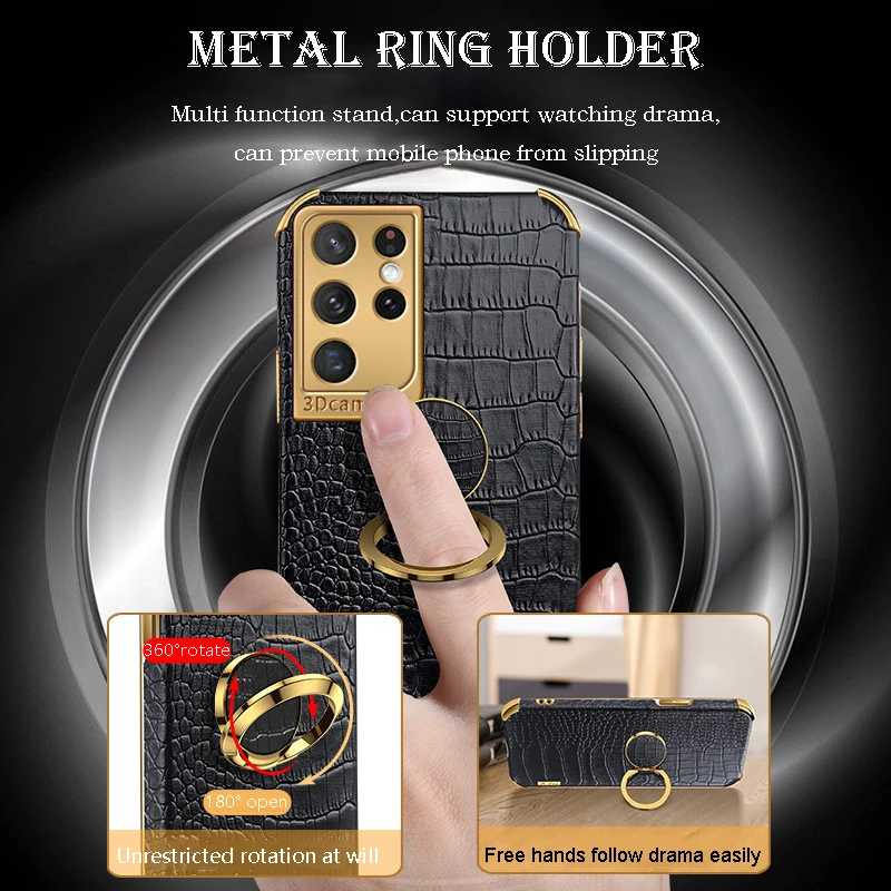 

Crocodile Effect Leather Case For Samsung S22 Plus S21 S20 FE S10 For Note 20 Ultra10 Lite 9 8 Shockproof Ring Stand Phone Cover