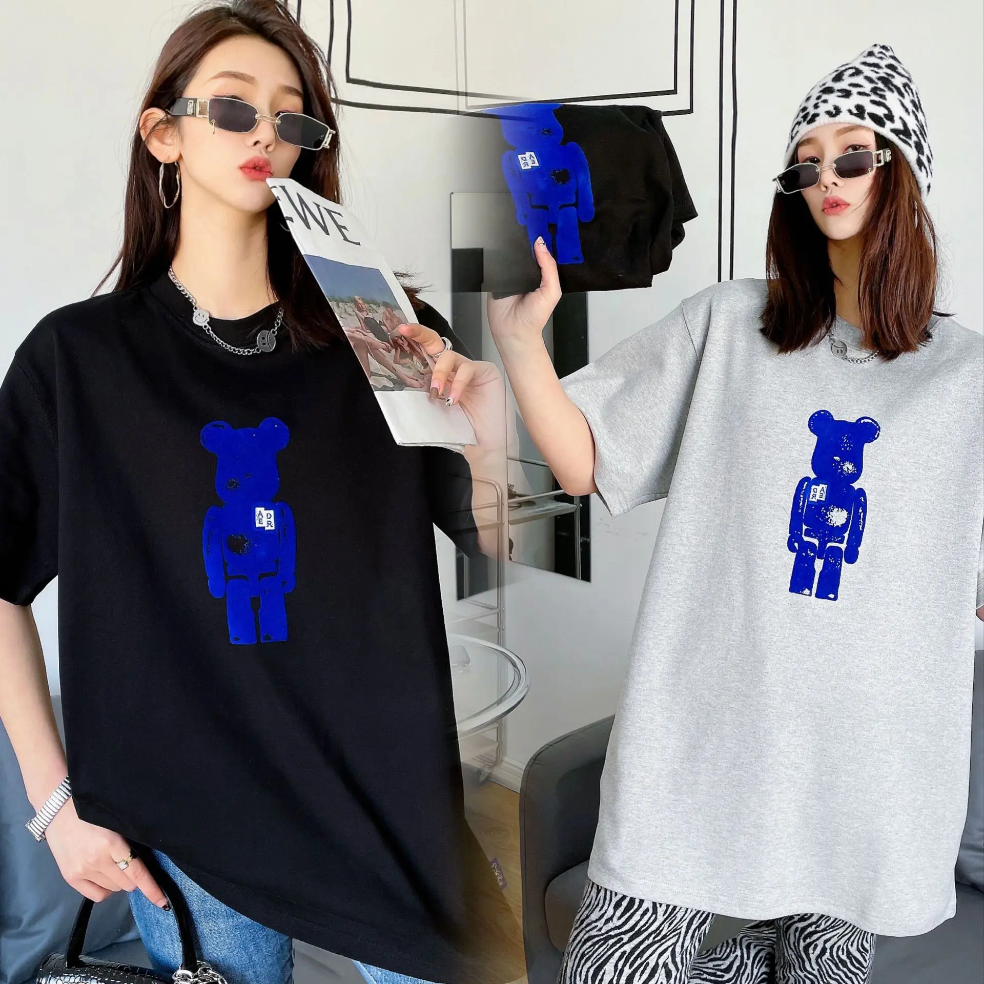 

2022 new ADER ERROR spring summer building blocks bear round neck pullover short sleeve printed casual loose t-shirt TX407
