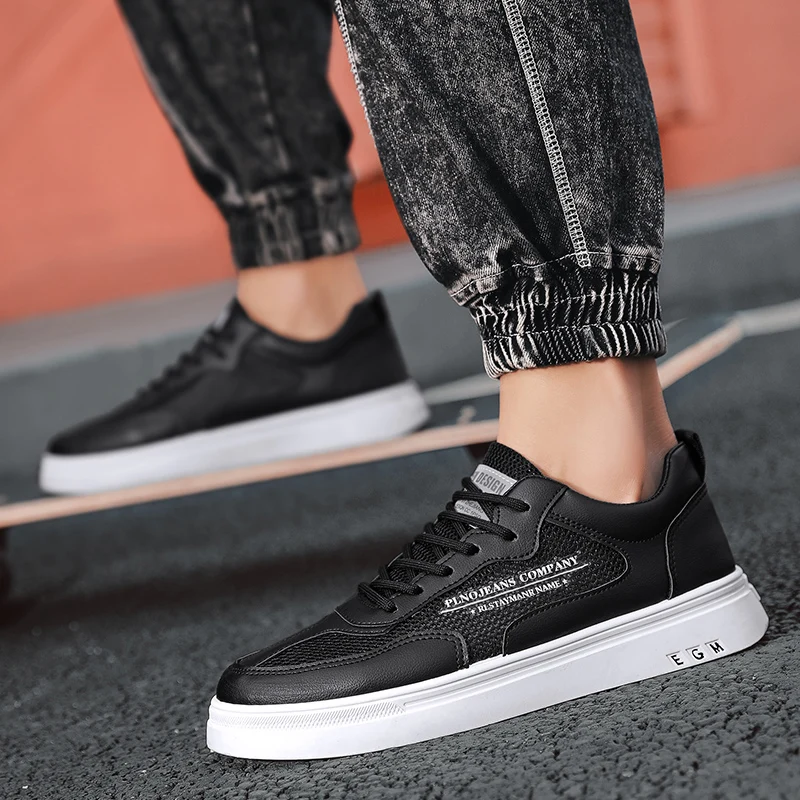 

White Skateboarding Men Sports Sneakers Summer Casual Mesh Leather Walking Men Black Shoes