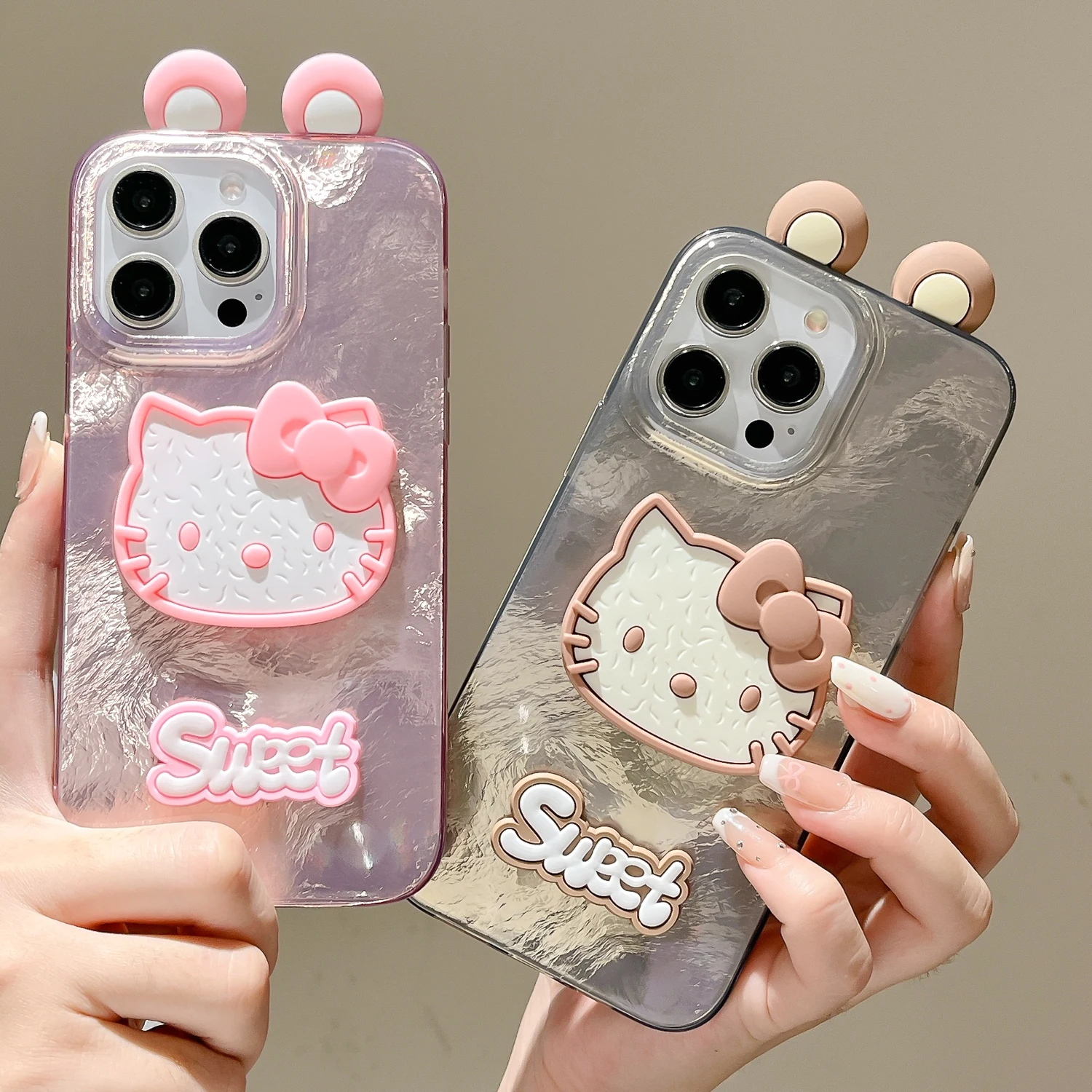 Мягкий чехол из ТПУ для iPhone 16 15 14 13 Max Plus с милыми 3D ушками Hello Kitty текстура ледника
