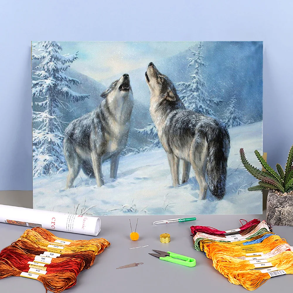 

Wolf Animal Printed Fabric 11CT Cross Stitch DIY Embroidery Set DMC Threads Sewing Hobby Craft Needlework Sales Gift Adults