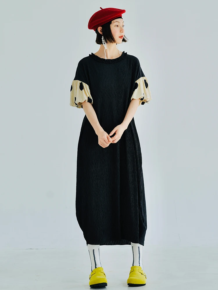 

imakokoni original stitching polka dot puff sleeve dress loose and thin mid-length skirt summer female 223650