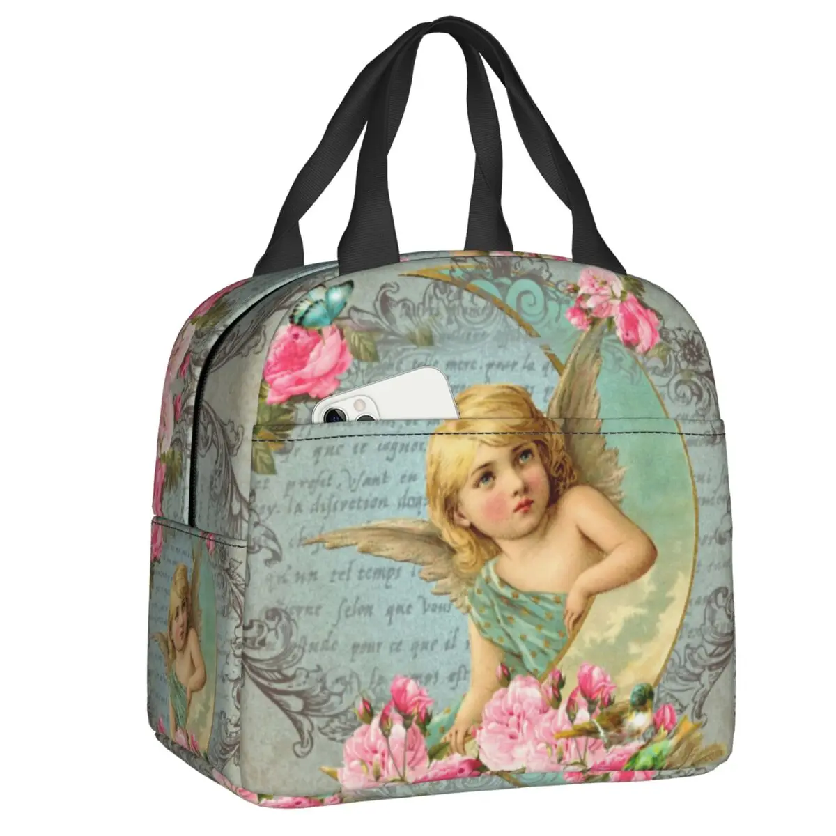 

Vintage Rose Victorian Angel Insulated Lunch Bag Waterproof Cooler Thermal Lunch Box For Women Kids Food Container Tote Bags