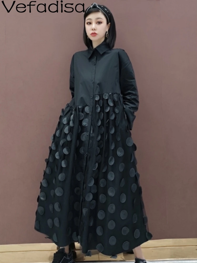 

Vefadisa 2023 Autumn New Lapel Cardigan Shirt Dress Loose Mid-length Solid Color Dot Splicing Mesh Dress Black Women LHX3953