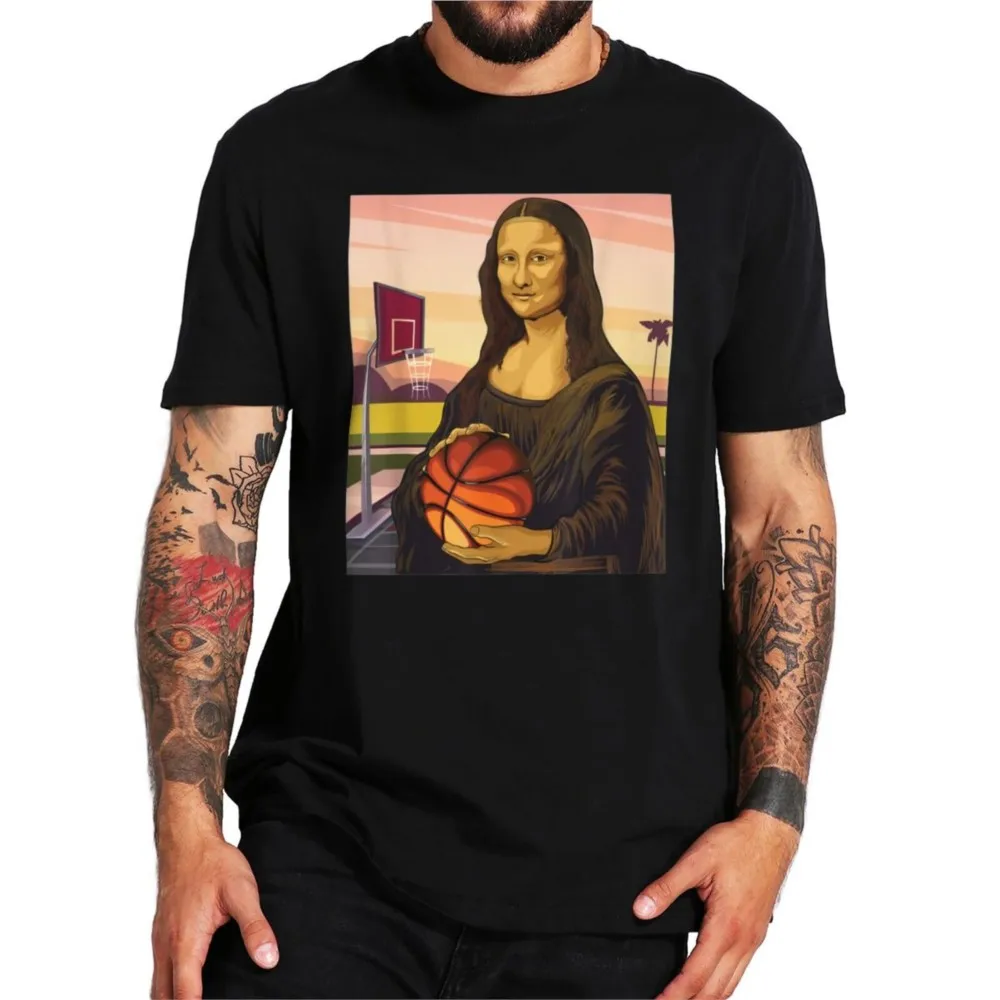 

Basketball Mona Lisa T Shirt Vintage Da Vinci Funny Design Men Clothing Casual 100% Cotton Premium Summer T-shirts