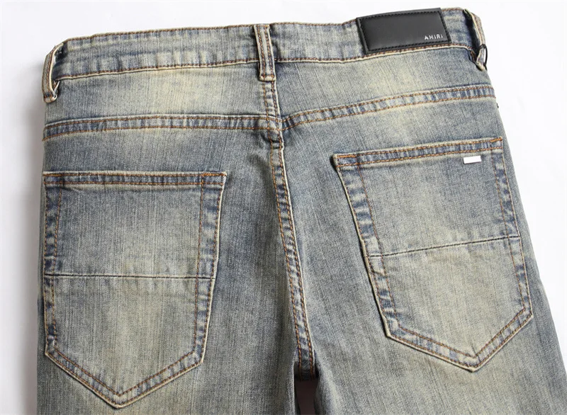 Men's Jeans with Hole Patch Trend Elastic Slim Fit Pants Versatile Men's Pants