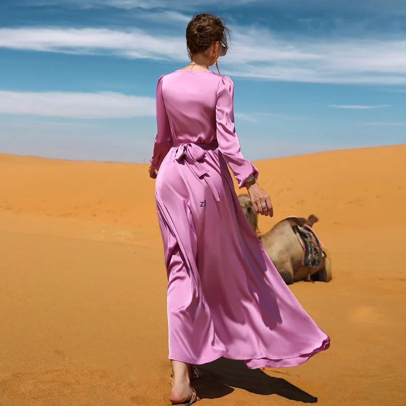 Women Moroccan Kaftan Solid Purple Pink V-neck Long Sleeve Rhinestone Belt Abayas For Women Dubai 2022 Latest