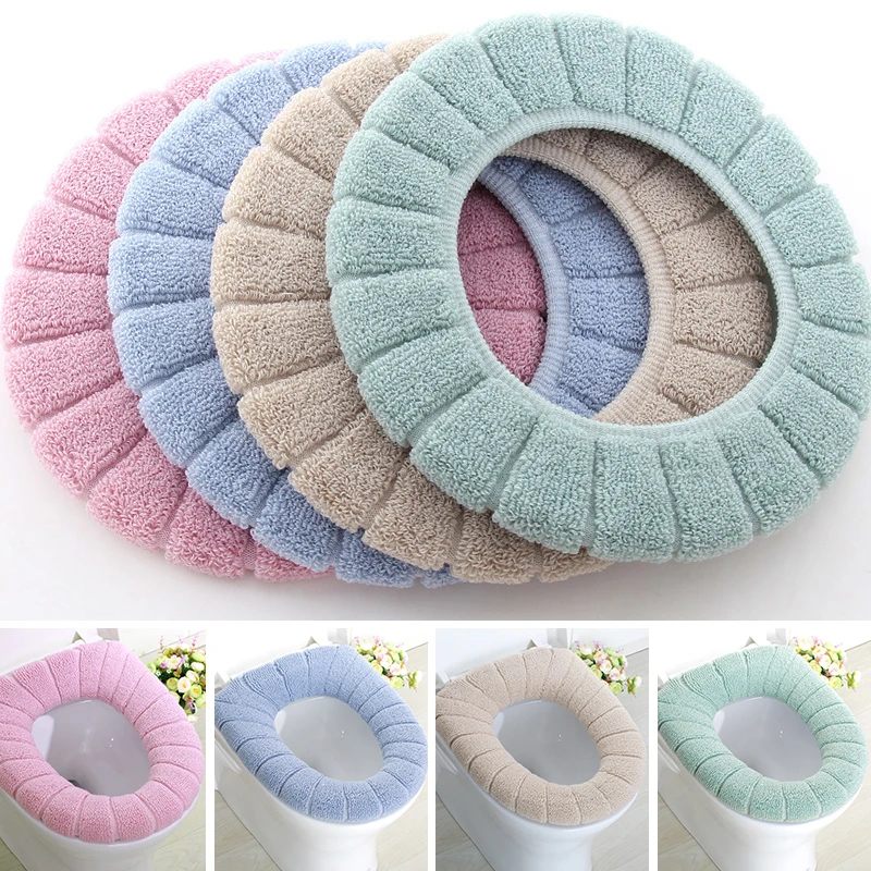 

1Pcs Keep Warm Toilet Seat Cover Closestool Mat Washable Bathroom Accessories Knitting Pure Color Soft O-shape Pad Bidet Cover