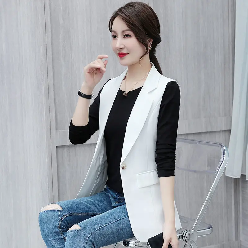 

2023 Woman Classic Mid-length Blazer Vest Female Elegant Office Ladies Coat Waistcoat New Casual Suits Sleeveless Jacket T08