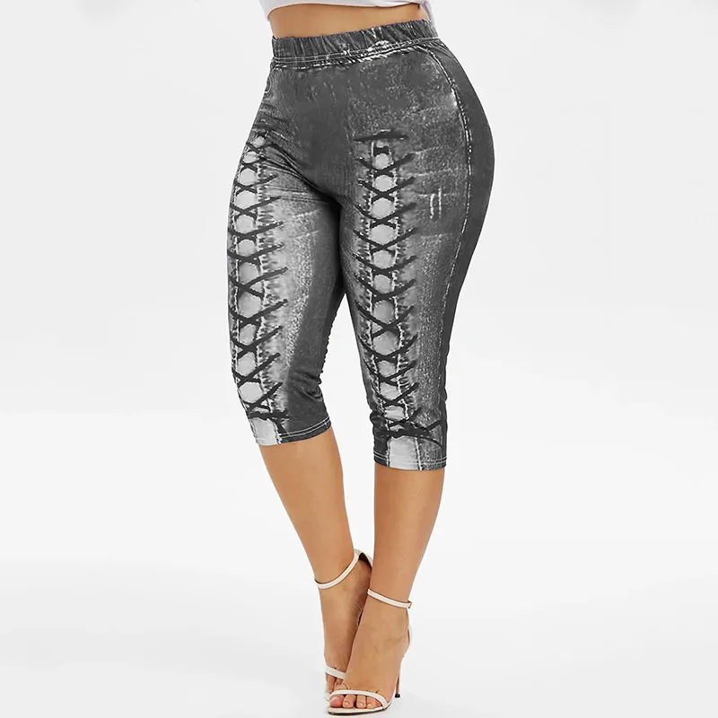 

Plus Size Women Yoga Short Leggings Faux Denim Ladies Short Pants Floral Printed High Waist Female Shorts