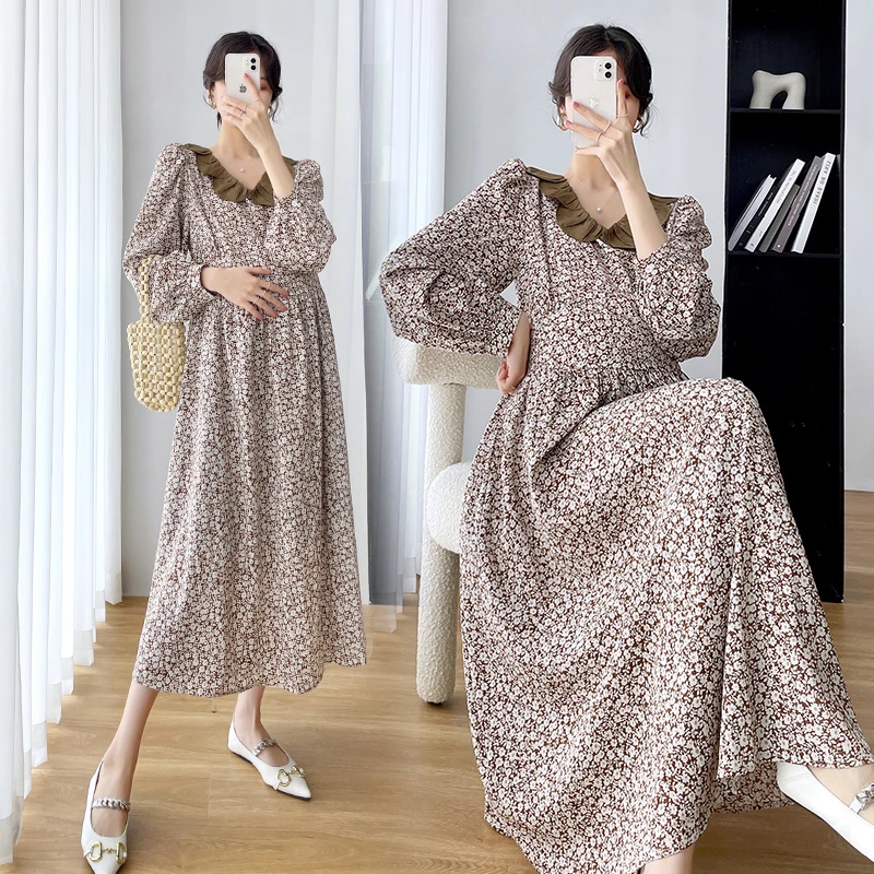 

8970# Autumn Fashion Floral Printed Maternity Long Dress Elegant A Line Slim Loose Clothes for Pregnant Women Pregnancy Clothing