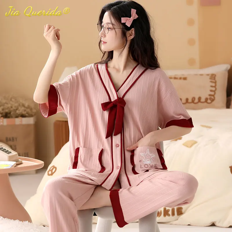 

Apbrae New Summer Pajamas Women Thin Homewear Short Sleeved Long Pants Cotton Kawaii Sleepwear for Lady Cardigan Nightwear